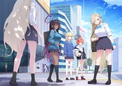 Rule 34 | 5girls, absurdres, ahoge, akane (blue archive), asuna (blue archive), black skirt, blonde hair, blue archive, blue eyes, brown hair, city, dark-skinned female, dark skin, day, halo, hands in pockets, highres, ildy, jacket, karin (blue archive), long hair, long sleeves, looking at another, looking at viewer, multiple girls, neru (blue archive), open clothes, open jacket, outdoors, red eyes, red hair, shirt, skirt, sleeves rolled up, smile, standing, sweater, toki (blue archive), traditional media, white shirt, yellow eyes