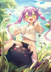 Rule 34 | 1girl, aged down, bandage on knee, black shorts, blouse, blue sky, blush, cloud, commentary, day, demon tail, english commentary, fang, field, flower, grass, green eyes, hair between eyes, highres, hololive, long hair, looking at viewer, mr.lime, open mouth, outdoors, pointing, pointing at viewer, pointy ears, purple hair, riding, scrape, shirt, shoes, short shorts, short sleeves, shorts, sidelocks, sky, smile, sneakers, solo, sunlight, t-shirt, tail, tokoyami towa, tree, twintails, virtual youtuber, white shirt
