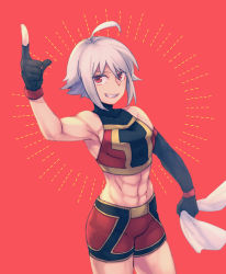 Rule 34 | 1girl, abs, ahoge, asymmetrical gloves, black gloves, breasts, dana zane, elbow gloves, flower, gloves, grin, looking at viewer, mismatched gloves, navel, red eyes, short hair, silver hair, smile, solo, towel, va-11 hall-a, wrestling outfit, y (35504109)