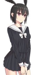 Rule 34 | black hair, black shirt, black skirt, blush, breasts, collarbone, commentary request, elfenlied22, fate (series), hair between eyes, head wings, highres, long sleeves, looking at viewer, ortlinde (fate), pleated skirt, red eyes, shirt, short hair, simple background, skirt, solo, valkyrie (fate), white background, wings