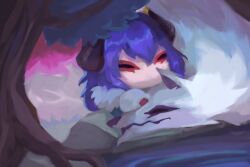 Rule 34 | 1girl, black horns, hair between eyes, horns, kindred (league of legends), lamb (league of legends), league of legends, long hair, long sleeves, lxi (lxi141), lying, mask, purple hair, spirit blossom kindred, tree, wolf (league of legends)