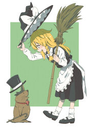 Rule 34 | 1girl, :d, apron, black footwear, black headwear, black skirt, black vest, blonde hair, blush, bow, bowtie, broom, cane, commentary, full body, green background, hair bow, hat, hat bow, hat tip, highres, holding, holding broom, holding cane, holding clothes, holding hat, inuno rakugaki, kirisame marisa, long hair, long sleeves, mary janes, open mouth, otter, red bow, red bowtie, shirt, shoes, skirt, smile, socks, teeth, top hat, touhou, two-tone background, upper teeth only, vest, waist apron, white apron, white background, white bow, white shirt, white socks, witch hat, yellow eyes