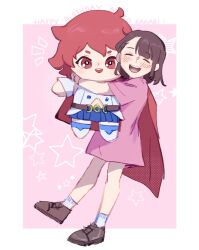 Rule 34 | 1girl, aged down, blue skirt, brown footwear, brown hair, cape, character doll, child, closed eyes, commentary, english commentary, full body, holding, holding stuffed toy, jacket, kagari atsuko, little witch academia, medium hair, open mouth, pink background, pink shirt, pleated skirt, red cape, red eyes, red hair, shiny chariot, shirt, short hair, skirt, smile, solo, star (symbol), stuffed toy, tiku (ttcwf03), white jacket