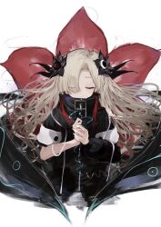 Rule 34 | 1girl, asymmetrical sleeves, black coat, black flower, closed eyes, coat, commentary request, facing viewer, flower, grey hair, hair flower, hair ornament, hair over one eye, highres, holding, holding pen, isekai joucho, kaminari kzy, kamitsubaki studio, multicolored hair, own hands together, pen, red hair, solo, two-tone hair, uneven sleeves, upper body, virtual youtuber