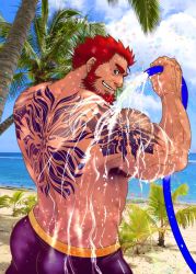 Rule 34 | 1boy, ass, back, back tattoo, bara, bare back, beard, black male swimwear, day, facial hair, fate/grand order, fate (series), from behind, highres, holding, holding hose, hose, iskandar (fate), male focus, male swimwear, mature male, muscular, muscular male, pouring, pouring onto self, red eyes, red hair, sand, short hair, smirk, solo, swim briefs, tattoo, tsukasa matsuzaki