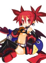 Rule 34 | 1girl, absurdres, anklet, bare shoulders, bat wings, belt, black gloves, black thighhighs, boots, bracelet, choker, cookie, demon tail, disgaea, earrings, elbow gloves, etna (disgaea), flat chest, food, gloves, harada takehito, highres, jewelry, midriff, miniskirt, navel, nippon ichi, open mouth, pointy ears, prinny, red eyes, red hair, red scarf, scarf, senbei, short twintails, sitting, skirt, skull, sweatdrop, tail, thigh boots, thighhighs, twintails, wings