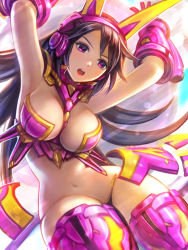 Rule 34 | 1girl, armor, armpits, bikini armor, black hair, breasts, character request, elico nya, headgear, large breasts, lips, navel, nyanko daisensou, open mouth, purple eyes, solo, teeth, upper teeth only