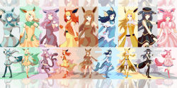 Rule 34 | 6+girls, absurdres, animal ears, black hair, blonde hair, blue eyes, blue hair, boots, creatures (company), eevee, elbow gloves, espeon, evolutionary line, flareon, full body, game freak, gen 1 pokemon, gen 2 pokemon, gen 4 pokemon, gen 6 pokemon, glaceon, gloves, hat, highres, jolteon, leafeon, long hair, looking at viewer, lord jack, multiple girls, multiple views, nintendo, open mouth, personification, pokemon, purple hair, red eyes, red hair, short hair, smile, standing, sylveon, tail, thigh boots, thighhighs, umbreon, vaporeon