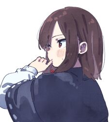 Rule 34 | 1girl, black capelet, blush, brown hair, capelet, closed mouth, commentary request, finger to own chin, from behind, hand up, long sleeves, looking to the side, medium hair, nama udon, red eyes, shirt, sidelocks, simple background, solo, sweat, touhou, upper body, usami renko, white background, white shirt