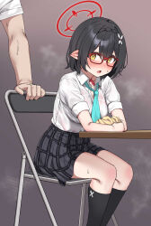 Rule 34 | 1boy, 1girl, absurdres, ayane (blue archive), black hair, blue archive, blush, bra, commentary request, glasses, grey background, hair between eyes, halo, highres, isemori, necktie, pleated skirt, pointy ears, red-framed eyewear, school uniform, see-through, see-through shirt, short hair, simple background, skirt, steam, steaming body, sweaty clothes, underwear, wet, wet clothes, yellow eyes