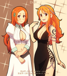 Rule 34 | 2girls, alternate costume, artist name, beads, black dress, black vs white, bleach, blush, bracelet, breasts, brown eyes, cleavage, cleavage cutout, clothing cutout, color connection, crossover, dav-19, deviantart username, dress, earrings, female focus, hair ornament, inoue orihime, jewelry, large breasts, long hair, looking at viewer, midriff, multiple girls, nami (one piece), nami (one piece) (zou), navel, one piece, orange hair, shoulder tattoo, smile, tattoo, trait connection, tumblr username, very long hair, watermark, web address, wide hips