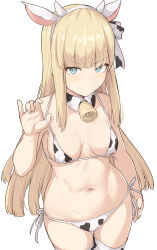 Rule 34 | 1girl, animal ears, animal print, aqua eyes, bell, bikini, blonde hair, blush, breasts, closed mouth, collar, cow ears, cow horns, cow print, detached collar, fake animal ears, fate/grand order, fate (series), hairband, horns, long hair, looking at viewer, lord el-melloi ii case files, navel, neck bell, reines el-melloi archisorte, shiseki hirame, sidelocks, simple background, small breasts, smile, solo, swimsuit, thighhighs, thighs, white background, white bikini, white thighhighs