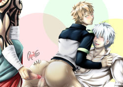 Rule 34 | 10s, 3boys, anal, anus, ass, blush, bottomless, clear (dramatical murder), double penetration, dramatical murder, erection, group sex, koujaku, lying, male focus, male penetrated, mmm threesome, multiple boys, multiple penetration, noiz (dramatical murder), penis, piercing, sex, smile, straddling, tattoo, threesome, undressing, yaoi