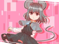 Rule 34 | 1girl, animal ears, arm behind back, artist name, black dress, bright pupils, capelet, cheese, clothing cutout, commentary request, cowboy shot, dress, dutch angle, flat chest, food, grey hair, highres, holding, holding food, jewelry, long sleeves, looking at viewer, mouse ears, mouse tail, nazrin, pendant, pink background, red eyes, short hair, solo, standing, tail, touhou, v-shaped eyebrows, zanasta0810