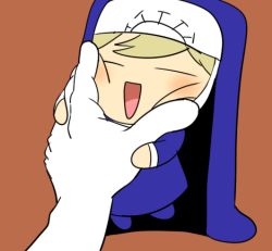 Rule 34 | blonde hair, blush, chibi, disembodied limb, double (skullgirls), closed eyes, habit, isomaru, lowres, nun, open mouth, orange background, pov, size difference, skullgirls, smile, source request