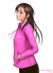 Rule 34 | 1girl, brown eyes, brown hair, cowboy shot, jacket, leggings, lips, long hair, long sleeves, ryu (ryu&#039;s form site), simple background, solo, text focus, track jacket, white background