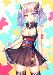 Rule 34 | 1girl, absurdres, arm at side, blue eyes, blunt bangs, breasts, chi yei, cleavage, cleavage cutout, clothing cutout, cowboy shot, dress, fang, grin, hair ornament, hairclip, highres, kaguya luna, looking at viewer, medium breasts, medium hair, multicolored background, obi, ribbon, sash, silver hair, skirt hold, sleeveless, sleeveless dress, smile, solo, standing, the moon studio, thighhighs, twintails, virtual youtuber, wrist ribbon
