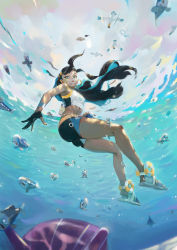 Rule 34 | 1girl, absurdres, air bubble, aqua hair, bare legs, bare shoulders, belly chain, bikini, black hair, bubble, caustics, creatures (company), dark-skinned female, dark skin, day, earrings, fisheye, freediving, game freak, gen 1 pokemon, gen 3 pokemon, gen 7 pokemon, gloves, green eyes, gym leader, highres, holding, holding breath, holding poke ball, hoop earrings, jewelry, long hair, looking at another, looking down, multicolored hair, nazgul (5511474), nessa (pokemon), nintendo, ocean, outdoors, partially fingerless gloves, poke ball, pokemon, pokemon (creature), pokemon swsh, puffy cheeks, sandals, sharpedo, shellder, silhouette, single glove, solo focus, sportswear, stomach, submerged, swimsuit, tankini, two-tone hair, underwater, wingull, wishiwashi, wishiwashi (solo), wristband