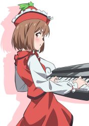 Rule 34 | 1girl, blush, brown eyes, brown hair, brown hat, closed mouth, gyouza (mhea5724), hat, hat ornament, highres, instrument, keyboard (instrument), long sleeves, lyrica prismriver, pout, red skirt, red vest, shirt, short hair, simple background, skirt, solo, star (symbol), star hat ornament, touhou, vest, white background, white shirt