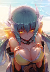 Rule 34 | 1girl, absurdres, aqua hair, bare shoulders, beach, bikini, blush, bow, breast suppress, breasts, cleavage, collarbone, fate/grand order, fate (series), glowing, hair between eyes, hair bow, highres, horns, japanese clothes, kengzeta, kimono, kiyohime (fate), kiyohime (fate/grand order), kiyohime (swimsuit lancer) (fate), kiyohime (swimsuit lancer) (first ascension) (fate), large breasts, long hair, looking at viewer, low twintails, naughty face, obi, outdoors, sash, shaded face, sideboob, smile, solo, swimsuit, twintails, upper body, water, yellow eyes