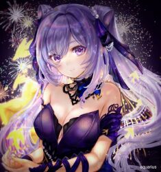 Rule 34 | 1girl, absurdres, aquariu27889147, arm ribbon, bare shoulders, black bow, bow, breasts, cleavage, commentary request, cone hair bun, dress, genshin impact, hair bun, hair ribbon, highres, keqing (genshin impact), keqing (opulent splendor) (genshin impact), long hair, looking at viewer, medium breasts, off-shoulder dress, off shoulder, purple dress, purple eyes, purple hair, purple ribbon, ribbon, short sleeves, smile, solo, twintails, upper body, very long hair