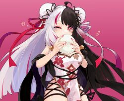 Rule 34 | 1girl, ahoge, animal print, baozi, bell, black hair, breasts, bun cover, chest strap, china dress, chinese clothes, cleavage, clothing cutout, cross-laced slit, double bun, dress, eating, eyeshadow, fingernails, floral print dress, food, gradient background, hair bell, hair bun, hair ornament, hair ribbon, jingle bell, jpeg artifacts, large breasts, light blush, long hair, looking at viewer, makeup, mamepi, multicolored hair, multicolored ribbon, navel cutout, nijisanji, one eye closed, pelvic curtain, pink background, print dress, rabbit print, red eyes, red eyeshadow, red hair, red nails, ribbon, simple background, solo, split-color hair, streaked hair, tassel, tassel hair ornament, two-tone hair, underboob cutout, virtual youtuber, white dress, white hair, yorumi rena, yorumi rena (10th costume)