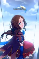 Rule 34 | 1girl, aqua eyes, black bow, blue bow, blue gloves, blue sky, bow, bowtie, brown dress, brown hair, character name, cloud, commentary request, dress, echo (circa), elbow gloves, english text, fate/grand order, fate (series), forehead, frilled skirt, frills, gloves, hair bow, leonardo da vinci (fate), leonardo da vinci (fate/grand order), leonardo da vinci (rider) (fate), long hair, looking at viewer, mechanical bird, non-humanoid robot, open mouth, ponytail, puffy short sleeves, puffy sleeves, red skirt, robot, robot animal, short sleeves, sitting, skirt, sky, smile, solo, twitter username, window