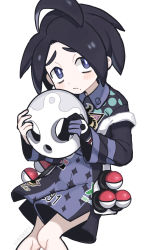 Rule 34 | 1boy, ahoge, allister (pokemon), black hair, black shirt, black shorts, blush, bright pupils, closed mouth, collared shirt, creatures (company), game freak, gloves, highres, himawari (kawaisounaedesu), holding, holding mask, holster, knees, long sleeves, looking at viewer, male focus, mask, nintendo, poke ball, poke ball (basic), pokemon, pokemon swsh, raised eyebrows, shirt, short hair, shorts, side slit, side slit shorts, simple background, single glove, solo, suspender shorts, suspenders, white background