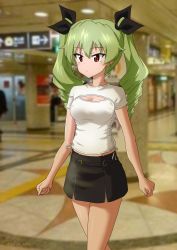 Rule 34 | 1girl, absurdres, alternate costume, anchovy (girls und panzer), black ribbon, black skirt, carro armato p40, casual, center opening, cleavage cutout, clothing cutout, commentary, cowboy shot, dated, drill hair, drops mint, girls und panzer, green hair, hair between eyes, hair ribbon, highres, long hair, meme attire, military, military vehicle, motor vehicle, open-chest sweater, photo background, red eyes, ribbon, shirt, short sleeves, skirt, solo, sweater, tank, twin drills, twitter username, white shirt