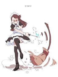 Rule 34 | &gt; &lt;, 1girl, alternate costume, artist name, black thighhighs, broom, brown hair, closed eyes, covering nose, enmaided, findoworld, kagari atsuko, little witch academia, long hair, maid, maid day, maid headdress, one side up, simple background, sketch, standing, standing on one leg, thighhighs, wand, white background, wrist cuffs, zettai ryouiki
