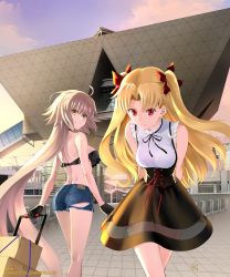 Rule 34 | 2girls, ahoge, arms behind back, ass, back, bandeau, bare shoulders, black gloves, black skirt, blonde hair, blue shorts, blush, box, breasts, closed mouth, cutoffs, denim, denim shorts, ereshkigal (fate), fate/grand order, fate (series), gloves, gradient sky, grin, highres, jeanne d&#039;arc (fate), jeanne d&#039;arc alter (avenger) (fate), jeanne d&#039;arc alter (fate), large breasts, long hair, looking at viewer, looking back, medium breasts, multiple girls, parted bangs, purple sky, shirotsumekusa, shirt, short shorts, shorts, silver hair, skirt, sky, sleeveless, sleeveless shirt, smile, thighs, tokyo big sight, twilight, two side up, very long hair, white shirt, yellow eyes