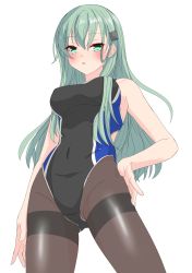 Rule 34 | 1girl, :o, absurdres, alternate costume, aqua eyes, aqua hair, black one-piece swimsuit, black pantyhose, blue one-piece swimsuit, blush, breasts, covered navel, cowboy shot, from below, gluteal fold, hair between eyes, hair ornament, hairclip, highres, kantai collection, long hair, looking down, medium breasts, nitamako (sakamalh), one-piece swimsuit, open mouth, pantyhose, pantyhose under swimsuit, simple background, solo, suzuya (kancolle), swimsuit, thighband pantyhose, two-tone swimsuit, white background
