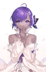 Rule 34 | 1girl, bare shoulders, black bow, bow, breasts, closed mouth, collar, commentary request, covering own mouth, dark-skinned female, dark skin, detached collar, detached sleeves, dress, fate/grand order, fate/prototype, fate/prototype: fragments of blue and silver, fate (series), frilled collar, frills, hair between eyes, hair bow, hair ornament, hairclip, hamutyar0, hand over own mouth, hands on own face, hassan of serenity (fate), hassan of serenity (lostroom outfit) (fate), highres, large breasts, looking at viewer, lostroom outfit (fate), medium breasts, official alternate costume, petals, purple eyes, purple hair, purple ribbon, ribbon, short hair, simple background, smile, solo, white background, white collar, white dress