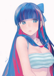 Rule 34 | 10s, 1girl, bare shoulders, blue eyes, blue hair, blunt bangs, bow, bra, colored inner hair, face, hair bow, lingerie, lips, long hair, matayoshi, matching hair/eyes, multicolored hair, panty &amp; stocking with garterbelt, pink hair, solo, stocking (psg), striped bra, striped clothes, two-tone hair, underwear, very long hair