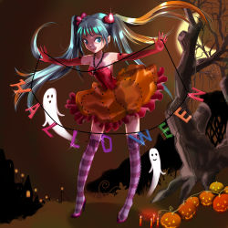 Rule 34 | 1girl, chain, dress, ghost, halloween, hatsune miku, jack-o&#039;-lantern, jewelry, legs, long hair, necklace, open mouth, pumpkin, rainbow text, solo, striped clothes, striped thighhighs, tatara tamayura, thighhighs, twintails, vocaloid