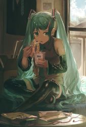 Rule 34 | 1girl, absurdres, black thighhighs, blouse, chabudai (table), female focus, food, formal, green necktie, grey shirt, hatsune miku, highres, long hair, necktie, nissin cup noodle, noodles, shirt, sleeveless, sleeveless shirt, solo, suit, table, tagme, thighhighs, very long hair, vocaloid