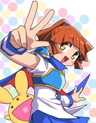 Rule 34 | arle nadja, armor, blue cape, blush, breastplate, brown hair, cape, carbuncle (puyopuyo), detached sleeves, highres, looking at viewer, open mouth, orange eyes, ponytail, puyopuyo, red cape, short sleeves, sidelocks, simple background, single detached sleeve, star (symbol), star in mouth, w, yachima tana