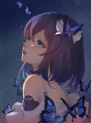 Rule 34 | 1girl, absurdres, bare shoulders, blue butterfly, blue eyes, blue hair, bug, butterfly, closed mouth, drawstory, dress, hair between eyes, hair ribbon, highres, honkai (series), honkai impact 3rd, insect, lips, lipstick, looking up, makeup, ribbon, seele vollerei, seele vollerei (swallowtail phantasm), short hair, smile, solo, white dress