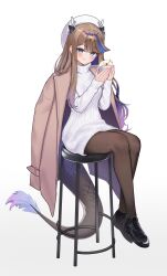 Rule 34 | 1girl, :q, airi kanna, antlers, beret, black footwear, blue eyes, blue hair, blush, brown coat, brown hair, brown pantyhose, closed mouth, coat, coat on shoulders, commentary request, cup, dress, full body, gradient background, grey background, hands up, hat, highres, holding, holding cup, horns, long hair, looking at viewer, multicolored hair, nanana narang, pantyhose, purple hair, ribbed sweater, shoes, sitting, smile, solo, stellive, stool, streaked hair, sweater, sweater dress, tail, tongue, tongue out, turtleneck, turtleneck sweater, very long hair, virtual youtuber, white background, white hat, white sweater