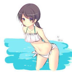 Rule 34 | 10s, 1girl, bikini, black hair, brown eyes, kantai collection, leaning forward, long hair, low twintails, shirayuki (kancolle), simple background, solo, standing, swimsuit, tetsu8, twintails