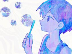 Rule 34 | 1boy, blowing bubbles, bubble wand, colored skin, from side, highres, limited palette, omori, omori (omori), parted lips, rakutiito310, solo, tank top, upper body, white skin