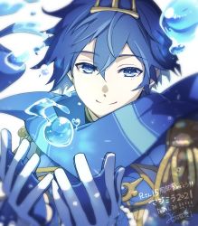 Rule 34 | 1boy, blue eyes, blue hair, blue scarf, bubble, commentary, eighth note, epaulettes, gloves, haru aki, headpiece, heart, holding, kaito (vocaloid), looking at viewer, magical mirai (vocaloid), magical mirai kaito, male focus, musical note, portrait, scarf, signature, smile, solo, translated, vocaloid, white background, white gloves