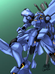 Rule 34 | assault visor, commission, f-15 eagle (muv-luv), green background, hand on own thigh, highres, kisaragi hakana, mecha, muv-luv, muv-luv alternative, no humans, robot, science fiction, signature, skeb commission, solo, tactical surface fighter, united nations, weapon, weapon on back