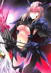 Rule 34 | 1girl, armor, artoria pendragon (fate), artoria pendragon (lancer alter) (fate), black leotard, blonde hair, breasts, cosplay request, fate/grand order, fate (series), floating hair, hair between eyes, highres, holding, holding sword, holding weapon, kobayashi yoshitaka, lance, large breasts, leotard, long hair, midriff, navel, pauldrons, polearm, revealing clothes, riding, shoulder armor, sideboob, smile, solo, spear, stomach, sword, underboob, weapon, yellow eyes