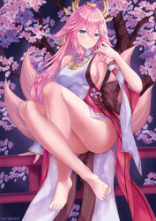 Rule 34 | 1girl, absurdres, bare legs, barefoot, blue eyes, breasts, cherry blossoms, fox tail, genshin impact, hair between eyes, heiyulingkong, highres, japanese clothes, legs, long hair, looking at viewer, miko, pink hair, sideboob, sitting, soles, solo, tail, toes, yae miko