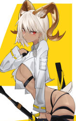 Rule 34 | 1girl, animal ears, arknights, black gloves, black panties, blush, breasts, carnelian (arknights), closed mouth, cropped jacket, dark-skinned female, dark skin, earrings, from side, gloves, goat ears, goat girl, goat horns, goat tail, hand up, hjl (15623862639), horns, jacket, jewelry, leaning forward, long sleeves, looking at viewer, looking to the side, medium breasts, no bra, open clothes, open jacket, panties, red eyes, short hair, silver hair, skindentation, solo, stud earrings, sword, thigh strap, two-tone background, underboob, underwear, v-shaped eyebrows, weapon, white jacket