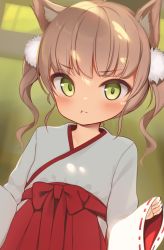 Rule 34 | 1girl, :t, animal ear fluff, animal ears, blush, bow, brown hair, closed mouth, commentary request, green eyes, hakama, hakama skirt, highres, japanese clothes, kimono, long sleeves, looking at viewer, original, pout, red bow, red hakama, ribbon-trimmed sleeves, ribbon trim, skirt, sleeves past wrists, solo, tsumiki akeno, twintails, v-shaped eyebrows, white kimono, wide sleeves
