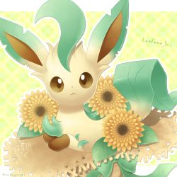 Rule 34 | brown eyes, character name, closed mouth, commentary request, creatures (company), flower, game freak, gen 4 pokemon, hat, highres, in hat, leafeon, looking at viewer, nintendo, no humans, outline, pokemon, pokemon (creature), sasabunecafe, solo, straw hat, sunflower, toes