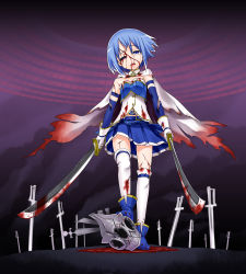 Rule 34 | 10s, 1girl, ankle boots, bad id, bad pixiv id, bleeding, blood, blood on clothes, blood on face, blue eyes, blue hair, boots, cape, cuts, dual wielding, field of blades, gengorou, gloves, highres, holding, injury, magical girl, mahou shoujo madoka magica, mahou shoujo madoka magica (anime), miki sayaka, oktavia von seckendorff, purple background, short hair, soul gem, sword, tears, thighhighs, torn clothes, weapon