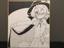 Rule 34 | 1girl, absurdres, bow, cape, cape lift, futa (nabezoko), glasses, gloves, greyscale, hair tie, hand on own hip, hat, hat bow, highres, jewelry, long sleeves, looking at viewer, low twintails, monochrome, necklace, one eye closed, parted bangs, photo (medium), rune, school uniform, shikishi, shirt, skirt, smile, solo, touhou, traditional media, twintails, usami sumireko